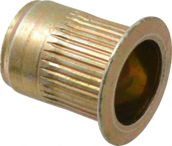 Made in USA - M10x1.50, 13.46mm Insert Diam, 17.53mm OAL, Knurled Body Open End Threaded Insert - 13.5mm Hole Diam, 17.4mm Head Diam, 1008/1010 Steel, Clear Protective Coating & Zinc Yellow Dichromate Finish - Exact Tool & Supply