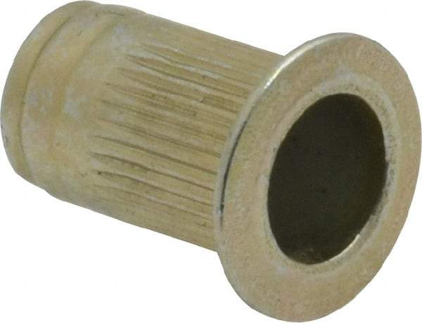 Made in USA - #10-24, 0.296 Insert Diam, 0.475" OAL, Knurled Body Open End Threaded Insert - 0.2969" Hole Diam, 0.415" Head Diam, 1008/1010 Steel, Clear Protective Coating & Zinc Yellow Dichromate Finish - Exact Tool & Supply