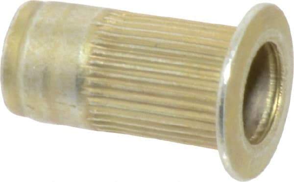 Made in USA - #10-24, 0.296 Insert Diam, 0.585" OAL, Knurled Body Open End Threaded Insert - 0.2969" Hole Diam, 0.415" Head Diam, 1008/1010 Steel, Clear Protective Coating & Zinc Yellow Dichromate Finish - Exact Tool & Supply