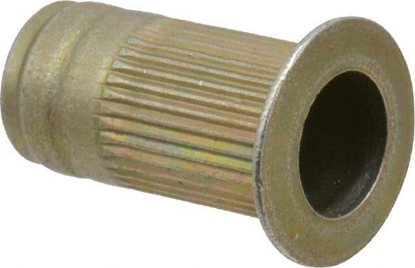Made in USA - #10-32, 0.296 Insert Diam, 0.585" OAL, Knurled Body Open End Threaded Insert - 0.2969" Hole Diam, 0.415" Head Diam, 1008/1010 Steel, Clear Protective Coating & Zinc Yellow Dichromate Finish - Exact Tool & Supply