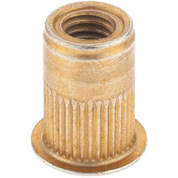 Made in USA - M6x1.00, 9.91mm Insert Diam, 14.73mm OAL, Knurled Body Open End Threaded Insert - 10mm Hole Diam, 12.7mm Head Diam, 1008/1010 Steel, Clear Protective Coating & Zinc Yellow Dichromate Finish - Exact Tool & Supply