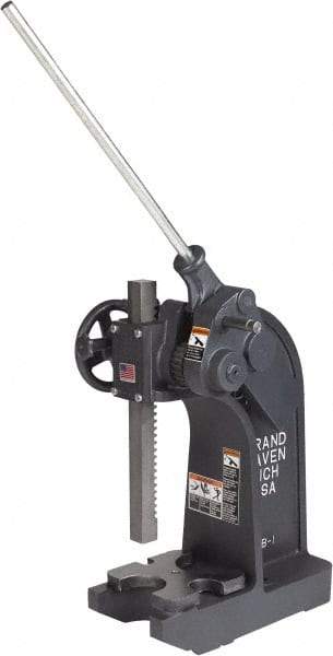 Dake - 1-1/2" Ram, 7-3/4" Throat Depth, 6 Ton Manual Arbor Press - 14" Max Work Height x 15-1/2" Max Work Width, Compound Leverage, 66:1 Leverage Ratio, 8-1/4" Base Width x 20" Base Depth - Exact Tool & Supply