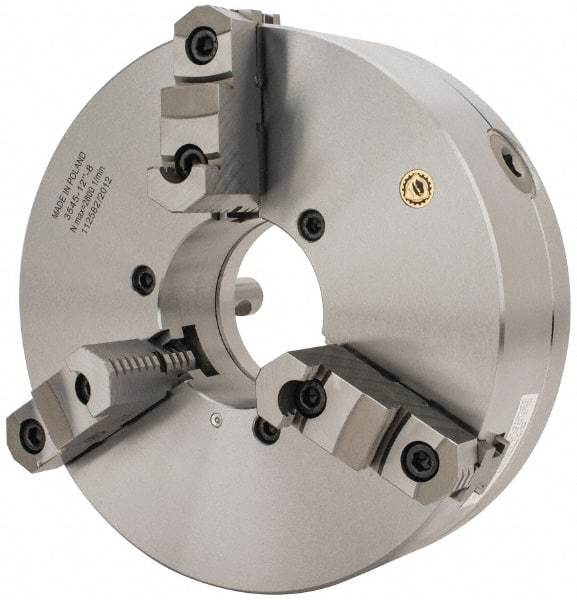 Bison - 3 Jaws, 12" Diam, Self Centering Manual Lathe Chuck - D1-8 Mount Spindle, Reversible, 2,800 Max RPM, 4.0551" Through Hole Diam, 0.0012" Axial Runout, 0.002" Radial Runout, Forged Steel - Exact Tool & Supply