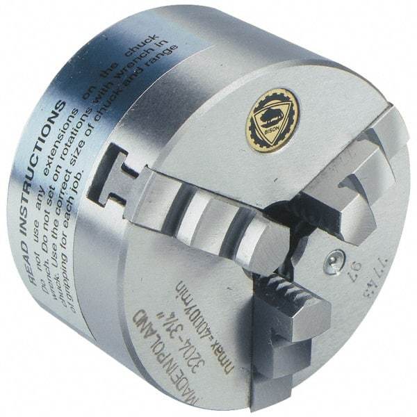 Bison - 3 Jaws, 10" Diam, Self Centering Manual Lathe Chuck - Plain Back Mount Spindle, 2,000 Max RPM, 2.9921" Through Hole Diam, 0.001" Axial Runout, 0.0016" Radial Runout, Cast Iron - Exact Tool & Supply