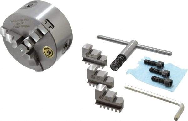 Bison - 3 Jaws, 4" Diam, Self Centering Manual Lathe Chuck - Plain Back Mount Spindle, 3,500 Max RPM, 0.7874" Through Hole Diam, 0.0006" Axial Runout, 0.0008" Radial Runout, Cast Iron - Exact Tool & Supply