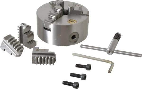 Bison - 3 Jaws, 5" Diam, Self Centering Manual Lathe Chuck - Plain Back Mount Spindle, 3,200 Max RPM, 1.2598" Through Hole Diam, 0.0008" Axial Runout, 0.0012" Radial Runout, Cast Iron - Exact Tool & Supply