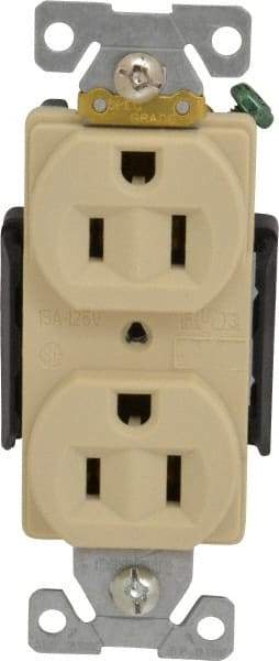 Cooper Wiring Devices - 125 VAC, 15 Amp, 5-15R NEMA Configuration, Ivory, Industrial Grade, Self Grounding Duplex Receptacle - 1 Phase, 2 Poles, 3 Wire, Flush Mount, Chemical, Heat and Impact Resistant - Exact Tool & Supply