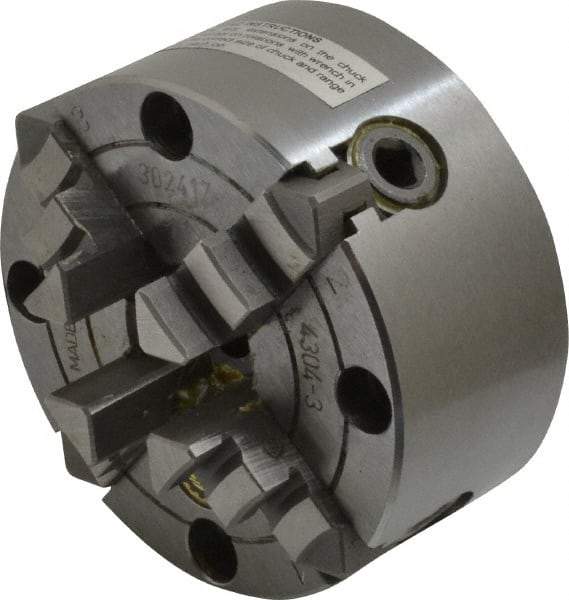 Bison - 4 Jaws, 3" Diam, Independent Manual Lathe Chuck - Plain Back Mount Spindle, Reversible, 4,000 Max RPM, 63/64" Through Hole Diam, Cast Iron - Exact Tool & Supply