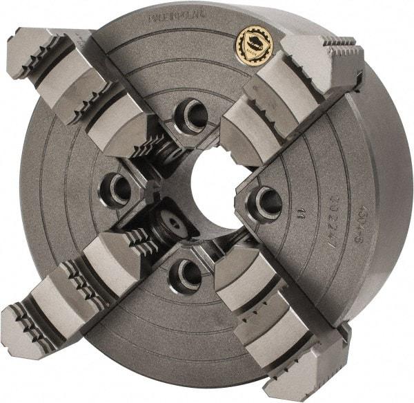 Bison - 4 Jaws, 8" Diam, Independent Manual Lathe Chuck - Plain Back Mount Spindle, Reversible, 1,800 Max RPM, 1.9685" Through Hole Diam, Cast Iron - Exact Tool & Supply
