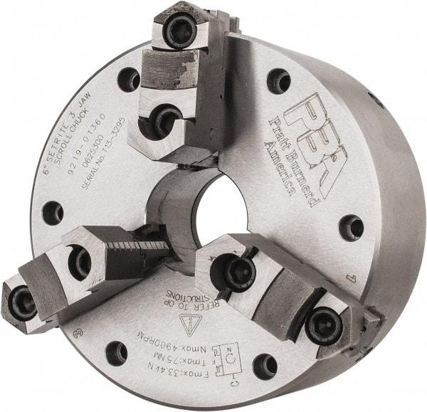 Pratt Burnerd America - 3 Jaws, 6" Diam, Self Centering Manual Lathe Chuck - Plain Back Mount Spindle, Adjustable, Reversible, 4,900 Max RPM, 1.81" Through Hole Diam, Forged Steel - Exact Tool & Supply