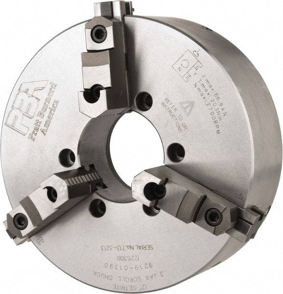 Pratt Burnerd America - 3 Jaws, 12" Diam, Self Centering Manual Lathe Chuck - Plain Back Mount Spindle, Adjustable, Reversible, 2,300 Max RPM, 4.06" Through Hole Diam, Forged Steel - Exact Tool & Supply