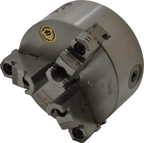 Bison - 3 Jaws, 5" Diam, Self Centering Manual Lathe Chuck - Plain Back Mount Spindle, Reversible, 3,200 Max RPM, 1.2598" Through Hole Diam, 0.0008" Axial Runout, 0.0012" Radial Runout, Cast Iron - Exact Tool & Supply