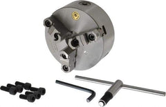Bison - 3 Jaws, 6" Diam, Self Centering Manual Lathe Chuck - Plain Back Mount Spindle, Reversible, 3,000 Max RPM, 1.6535" Through Hole Diam, 0.0008" Axial Runout, 0.0012" Radial Runout, Cast Iron - Exact Tool & Supply