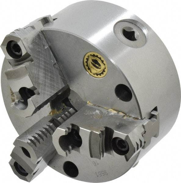 Bison - 3 Jaws, 5" Diam, Self Centering Manual Lathe Chuck - Front Mount, Reversible, 1.2598" Through Hole Diam, Cast Iron - Exact Tool & Supply