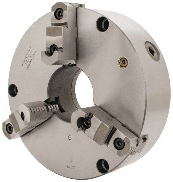 Bison - 3 Jaws, 12" Diam, Self Centering Manual Lathe Chuck - Front Mount, Reversible, 4.0551" Through Hole Diam, Cast Iron - Exact Tool & Supply