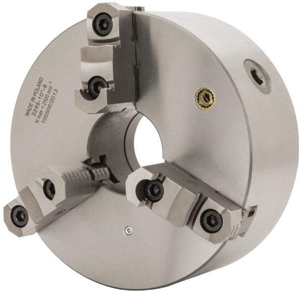 Bison - 3 Jaws, 10" Diam, Self Centering Manual Lathe Chuck - D1-8 Mount Spindle, Reversible, 2,000 Max RPM, 2.9921" Through Hole Diam, 0.001" Axial Runout, 0.0016" Radial Runout, Cast Iron - Exact Tool & Supply