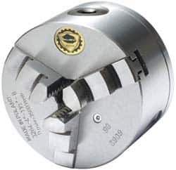 Bison - 3 Jaws, 4" Diam, Self Centering Manual Lathe Chuck - 1-1/2 - 8" Spindle Mount, 3,500 Max RPM, 0.7874" Through Hole Diam, 0.0008" Axial Runout, 0.0012" Radial Runout, Cast Iron - Exact Tool & Supply