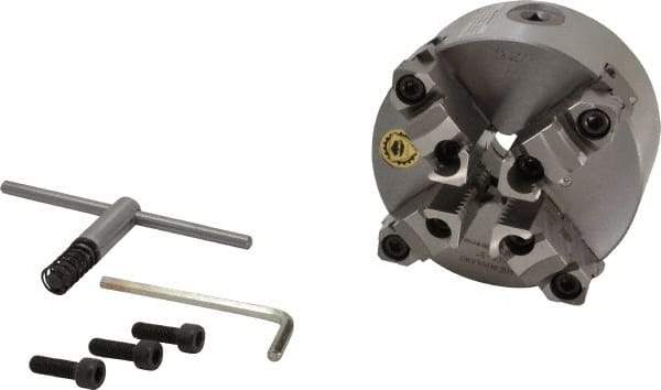 Bison - 4 Jaws, 5" Diam, Self Centering Manual Lathe Chuck - Plain Back Mount Spindle, Reversible, 3,200 Max RPM, 1.2598" Through Hole Diam, 0.0012" Axial Runout, 0.0015" Radial Runout, Cast Iron - Exact Tool & Supply