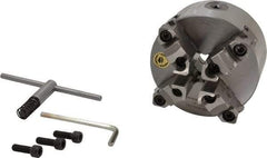 Bison - 4 Jaws, 5" Diam, Self Centering Manual Lathe Chuck - Plain Back Mount Spindle, Reversible, 3,200 Max RPM, 1.2598" Through Hole Diam, 0.0012" Axial Runout, 0.0015" Radial Runout, Cast Iron - Exact Tool & Supply