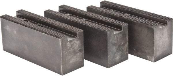 Value Collection - 10 to 11" Chuck Capacity, 1.5mm x 60° Serrated Attachment, Square Soft Lathe Chuck Jaw - 3 Jaws, Steel, 1.1811" Btw Mount Hole Ctrs, 4.33mm Long x 1.574" Wide x 1.574" High, 0.6299" Groove, 12mm Fastener - Exact Tool & Supply