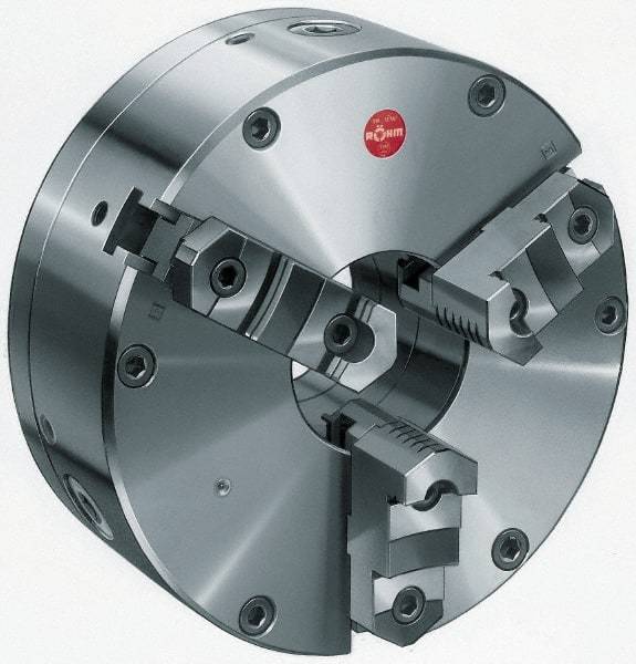 Rohm - 3 Jaws, 8" Diam, Self Centering Manual Lathe Chuck - Plain Back Mount Spindle, Adjustable, Reversible, 2.17" Through Hole Diam, Forged Steel - Exact Tool & Supply