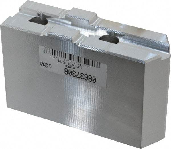 Masterman & Kovil - 10" Chuck Capacity, Tongue & Groove Attachment, Square Soft Lathe Chuck Jaw - 1 Jaw, Aluminum, 2-1/8" Btw Mount Hole Ctrs, 4.6mm Long x 1-1/2" Wide x 3" High, 1/2" Groove - Exact Tool & Supply