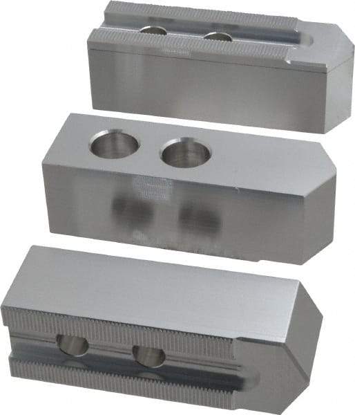 Masterman & Kovil - 10" Chuck Capacity, 1.5mm x 60° Serrated Attachment, Square Soft Lathe Chuck Jaw - 3 Jaws, Aluminum, 1.181" Btw Mount Hole Ctrs, 4.6mm Long x 1-1/2" Wide x 1-1/2" High, 0.63" Groove, 12mm Fastener - Exact Tool & Supply