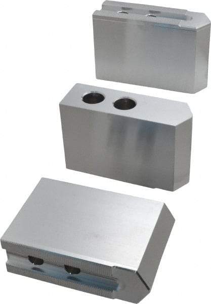 Masterman & Kovil - 10" Chuck Capacity, 1.5mm x 60° Serrated Attachment, Square Soft Lathe Chuck Jaw - 3 Jaws, Aluminum, 1.181" Btw Mount Hole Ctrs, 4.6mm Long x 1-1/2" Wide x 3" High, 0.63" Groove, 12mm Fastener - Exact Tool & Supply