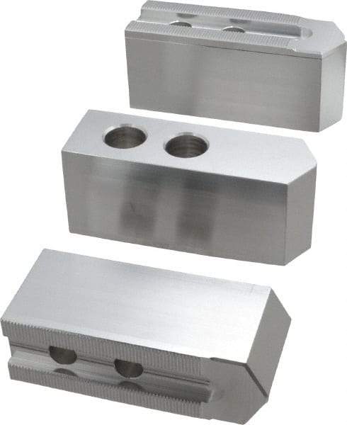 Masterman & Kovil - 10" Chuck Capacity, 1.5mm x 60° Serrated Attachment, Square Soft Lathe Chuck Jaw - 3 Jaws, Aluminum, 1.181" Btw Mount Hole Ctrs, 4.6mm Long x 1-1/2" Wide x 2" High, 0.63" Groove, 12mm Fastener - Exact Tool & Supply