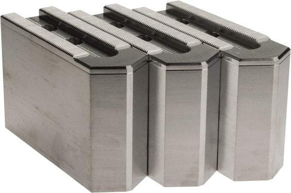 Masterman & Kovil - 10" Chuck Capacity, 1.5mm x 60° Serrated Attachment, Square Soft Lathe Chuck Jaw - 3 Jaws, Aluminum, 1.181" Btw Mount Hole Ctrs, 4.6mm Long x 1-1/2" Wide x 3" High, 0.63" Groove, 12mm Fastener - Exact Tool & Supply