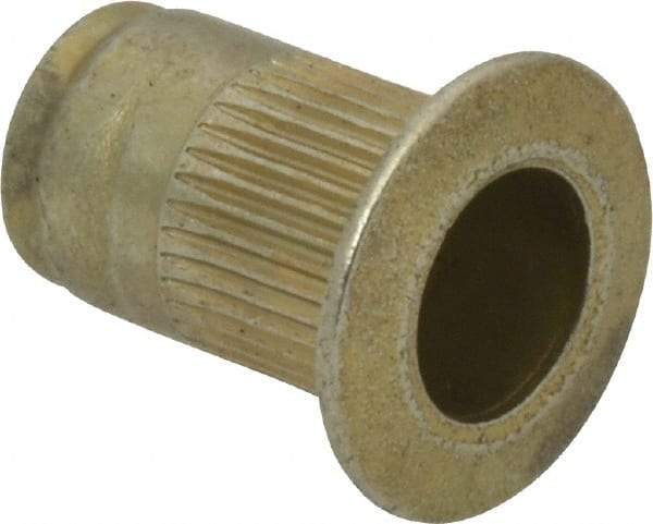 Made in USA - #8-32, 0.265 Insert Diam, 0.42" OAL, Knurled Body Open End Threaded Insert - 0.2656" Hole Diam, 0.39" Head Diam, 1008/1010 Steel, Clear Protective Coating & Zinc Yellow Dichromate Finish - Exact Tool & Supply
