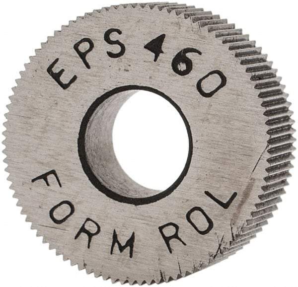 Made in USA - 1/2" Diam, 70° Tooth Angle, 60 TPI, Standard (Shape), Form Type High Speed Steel Straight Knurl Wheel - 3/16" Face Width, 3/16" Hole, Circular Pitch, Bright Finish, Series EP - Exact Tool & Supply