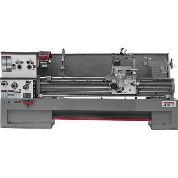 Jet - 18" Swing, 80" Between Centers, 230/460 Volt, Triple Phase Engine Lathe - 7MT Taper, 7-1/2 hp, 25 to 1,800 RPM, 3-1/8" Bore Diam, 40" Deep x 48-7/8" High x 136 -1/8" Long - Exact Tool & Supply
