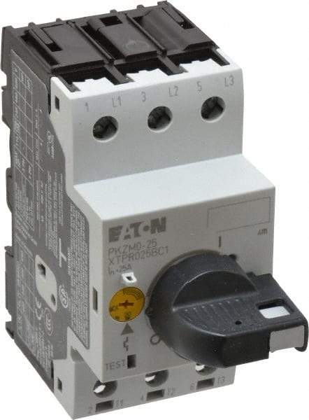 Eaton Cutler-Hammer - 25 Amp, IEC, Open Pushbutton Manual Motor Starter - 45mm Wide x 94mm Deep x 3.6667" High, 15 hp at 480 V, 20 hp at 600 V & 7-1/2 hp at 240 V, CE Approved, CSA Certified, DIN VDE, EN/IEC, UL 508 Type E Compliant & UL Listed - Exact Tool & Supply