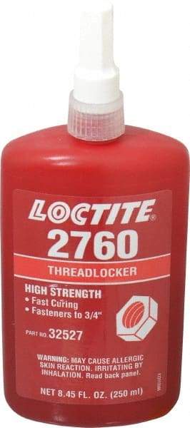 Loctite - 250 mL Bottle, Red, High Strength Liquid Threadlocker - Series 2760, 24 hr Full Cure Time, Hand Tool, Heat Removal - Exact Tool & Supply