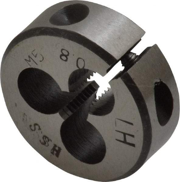Interstate - M5x0.80 Metric Coarse Thread, 1" Outside Diam High Speed Steel Round Die - 3/8" Thick, Left Hand Thread, Adjustable - Exact Tool & Supply