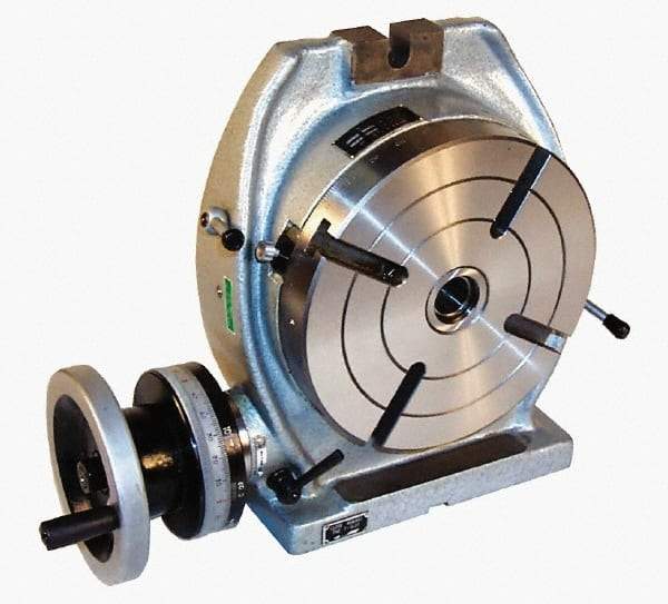Phase II - 16" Table Diam, Horizontal & Vertical Rotary Machining Table - 10.24" Centerline Height, 0.825" Bore Diam, 4MT Center Taper, 0.71" T-Slot Width, 90:1 Gear Ratio - Exact Tool & Supply