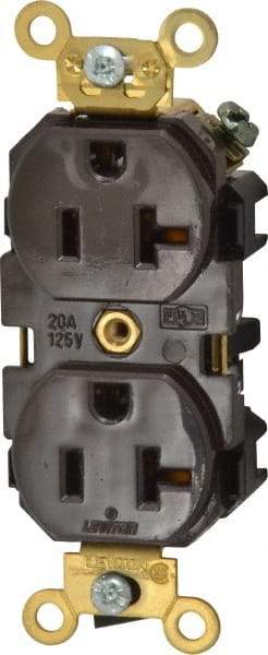 Leviton - 125 VAC, 20 Amp, 5-20R NEMA Configuration, Brown, Industrial Grade, Self Grounding Duplex Receptacle - 1 Phase, 2 Poles, 3 Wire, Flush Mount, Tamper Resistant - Exact Tool & Supply