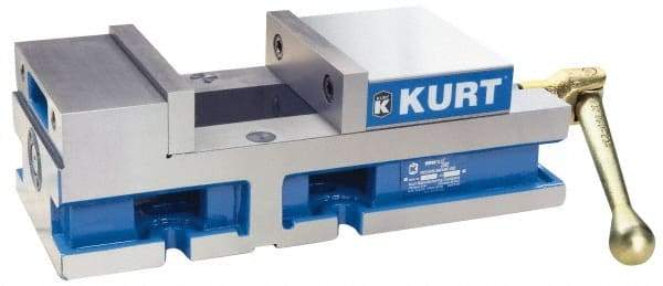 Kurt - 6" Jaw Width, 4" Jaw Opening Capacity, Horizontal Stationary Machine Vise - Manual Operation, 6,356 Lb Capacity, 1 Station, 14.88" Long x 4.6720" High x 1-31/64" Deep, 1.735" Jaw Height, 80 Lb Max Clamp Force - Exact Tool & Supply