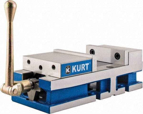 Kurt - 6" Jaw Width, 6" Jaw Opening Capacity, Horizontal Stationary Machine Vise - Manual Operation, 6,356 Lb Capacity, 1 Station, 17" Long x 4.6720" High x 1-31/64" Deep, 1.735" Jaw Height, 80 Lb Max Clamp Force - Exact Tool & Supply