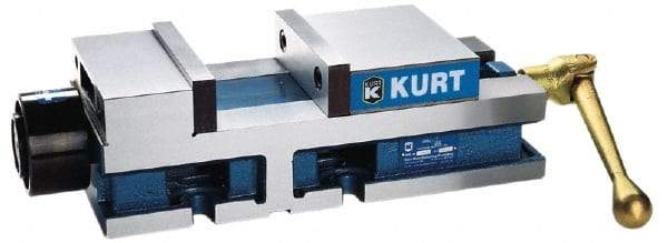 Kurt - 6" Jaw Width, 6" Jaw Opening Capacity, Horizontal Stationary Machine Vise - Hydraulic Operation, 12,600 Lb Capacity, 1 Station, 17" Long x 4.6720" High x 1-31/64" Deep, 1.735" Jaw Height, 3,200 psi Max Clamp Force - Exact Tool & Supply