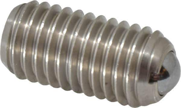 Vlier - 5/8-11, 0.375" Ball Diam, 1.25" Body Length, 0.096" Max Ball Reach, Threaded Ball Plunger - Stainless Steel Body, Stainless Steel Ball, 9 Lb Initial End Force, 18 Lb Final End Force, Locking Element - Exact Tool & Supply