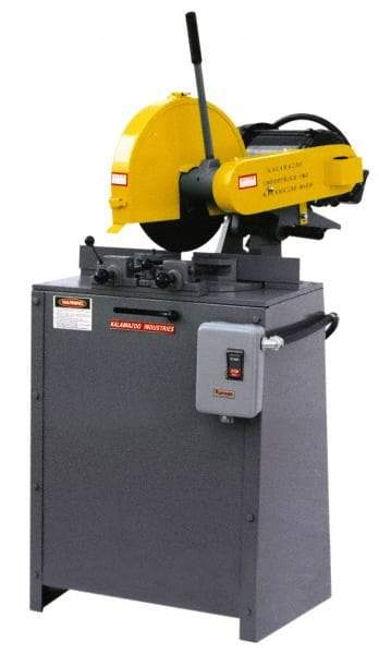 Kalamazoo - 14" Blade Diam, 1" Arbor Hole, Miter Chop & Cutoff Saw - 3 Phase, 4,400 RPM, 5 hp, 220/440 Volts, 2-1/2" in Solids at 90°, 2-1/2" in Solids at 45°, 3" in Pipe at 45° - Exact Tool & Supply