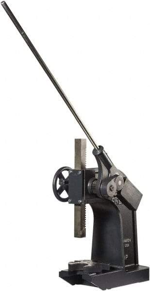 Dake - 2" Ram, 10" Throat Depth, 5 Ton Manual Arbor Press - 14-1/2" Max Work Height x 20" Max Work Width, Ratchet Leverage, 55:1 Leverage Ratio, 10" Base Width x 24" Base Depth - Exact Tool & Supply