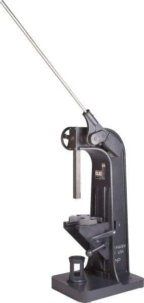 Dake - 2" Ram, 10" Throat Depth, 5 Ton Manual Arbor Press - 24-1/2" Max Work Height x 20" Max Work Width, Ratchet Leverage, 55:1 Leverage Ratio, 21-1/2" Base Width x 29" Base Depth - Exact Tool & Supply