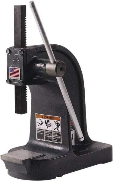Dake - 1" Ram, 4-1/2" Throat Depth, 1-1/2 Ton Manual Arbor Press - 7-3/4" Max Work Height x 9" Max Work Width, Single Leverage, 32:1 Leverage Ratio, 6" Base Width x 15" Base Depth - Exact Tool & Supply