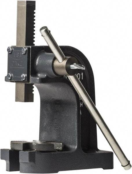 Dake - 1" Ram, 3-1/2" Throat Depth, 1 Ton Manual Arbor Press - 4-1/2" Max Work Height x 7" Max Work Width, Single Leverage, 25:1 Leverage Ratio, 4-1/4" Base Width x 9" Base Depth - Exact Tool & Supply