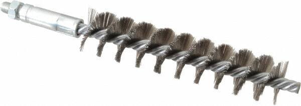 Schaefer Brush - 4" Brush Length, 7/8" Diam, Double Stem, Single Spiral Tube Brush - 6-1/4" Long, Stainless Steel, 1/4-28 Male Connection - Exact Tool & Supply