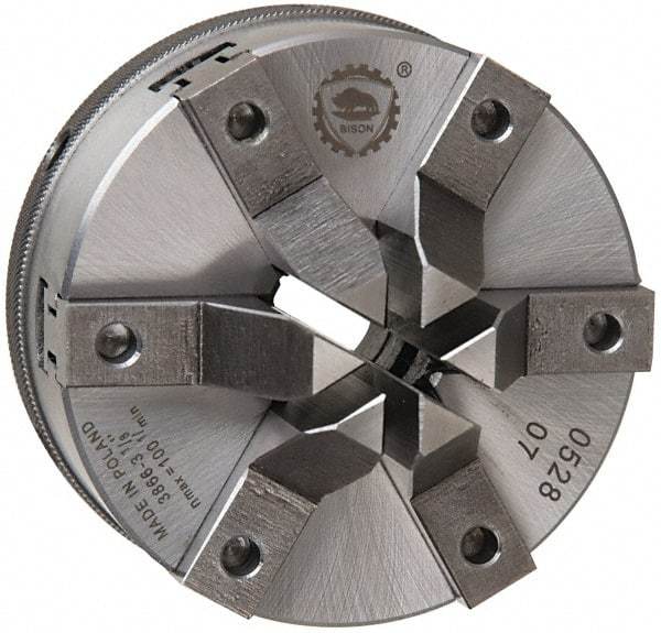 Bison - 6 Jaws, 4" Diam, Self Centering Manual Lathe Chuck - Plain Back Mount Spindle, 1,600 Max RPM, 1.2598" Through Hole Diam, 0.0006" Axial Runout, Forged Steel - Exact Tool & Supply