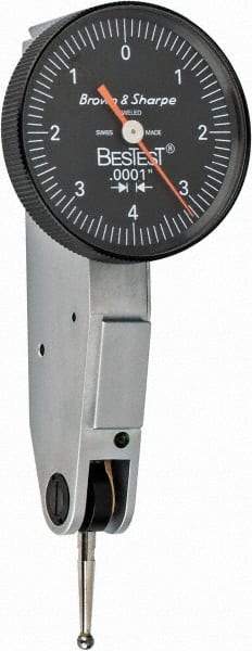 TESA Brown & Sharpe - 0.008 Inch Range, 0.0001 Inch Dial Graduation, Horizontal Dial Test Indicator - 1 Inch Black Dial, 0-4-0 Dial Reading - Exact Tool & Supply